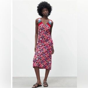 Zara Boho Multicolored Crocheted V-Neck Midi Dress-Size S NWT